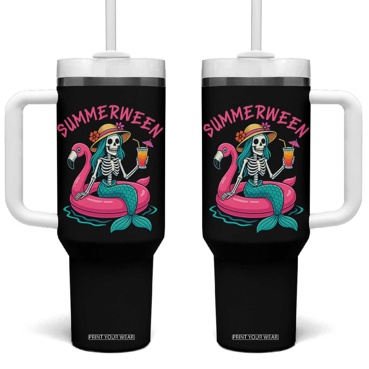Summerween Skeleton Mermaid Tumbler With Handle Flamingo Float Funny Spooky Summer Halloween Vibes TS02 One Size: 40 oz Black Print Your Wear