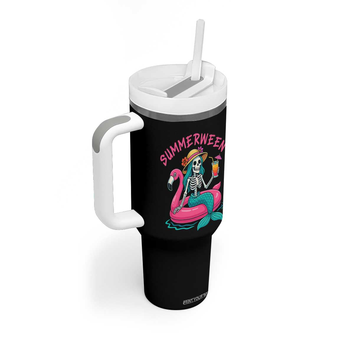 Summerween Skeleton Mermaid Tumbler With Handle Flamingo Float Funny Spooky Summer Halloween Vibes TS02 Print Your Wear