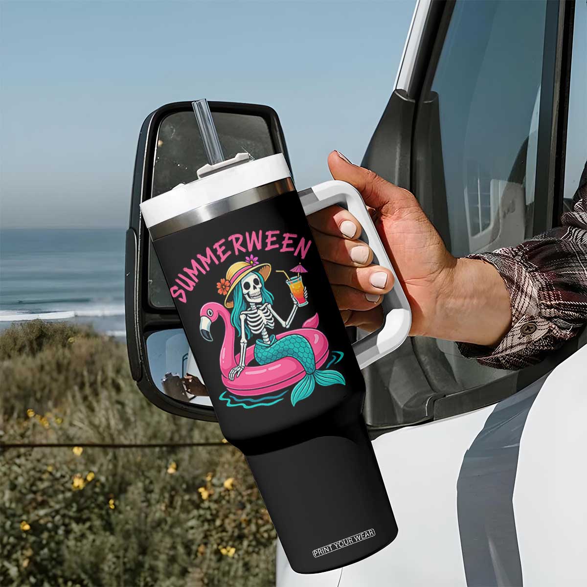 Summerween Skeleton Mermaid Tumbler With Handle Flamingo Float Funny Spooky Summer Halloween Vibes TS02 Print Your Wear
