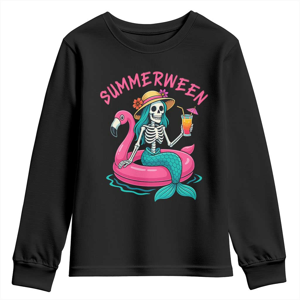Summerween Skeleton Mermaid Youth Sweatshirt Flamingo Float Funny Spooky Summer Halloween Vibes TS02 Black Print Your Wear