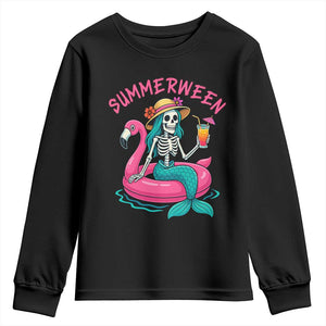 Summerween Skeleton Mermaid Youth Sweatshirt Flamingo Float Funny Spooky Summer Halloween Vibes TS02 Black Print Your Wear