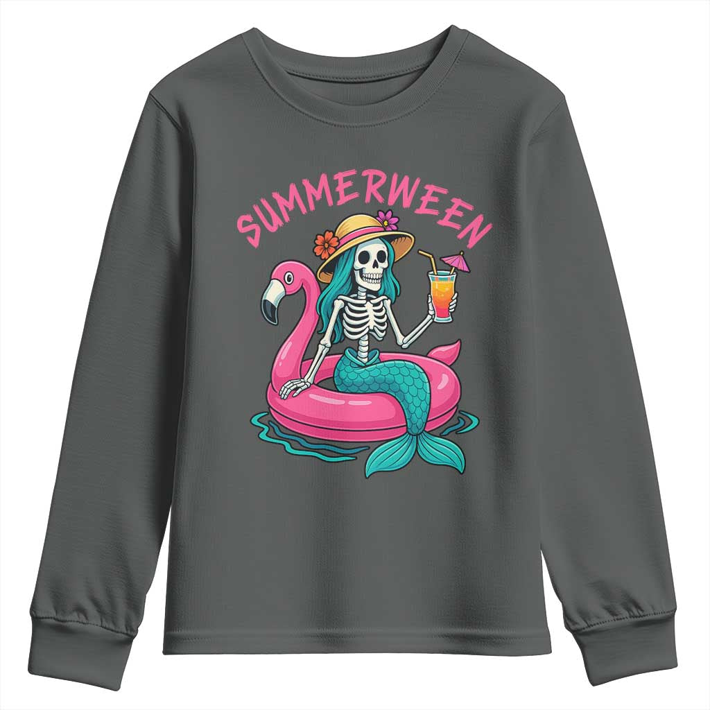 Summerween Skeleton Mermaid Youth Sweatshirt Flamingo Float Funny Spooky Summer Halloween Vibes TS02 Dark Heather Print Your Wear