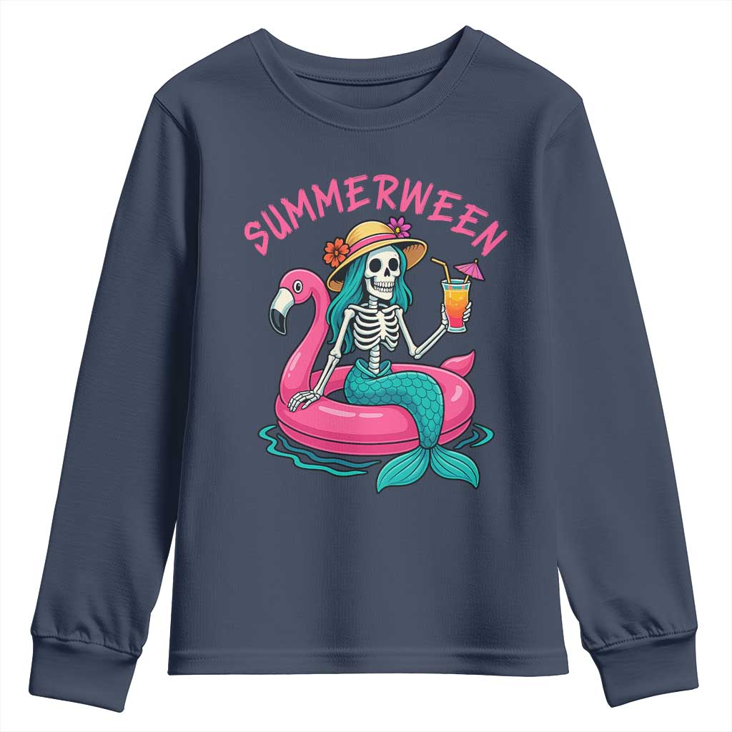Summerween Skeleton Mermaid Youth Sweatshirt Flamingo Float Funny Spooky Summer Halloween Vibes TS02 Navy Print Your Wear