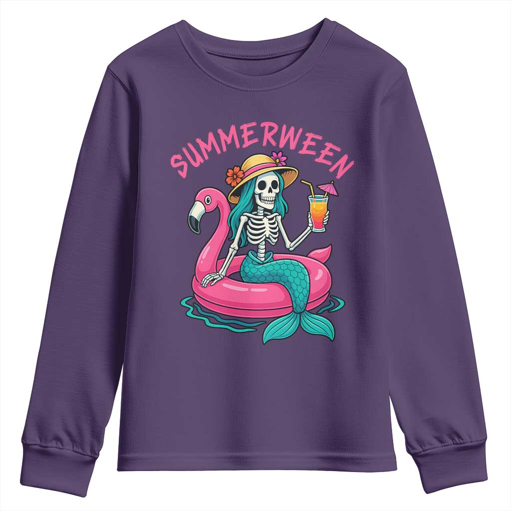 Summerween Skeleton Mermaid Youth Sweatshirt Flamingo Float Funny Spooky Summer Halloween Vibes TS02 Purple Print Your Wear