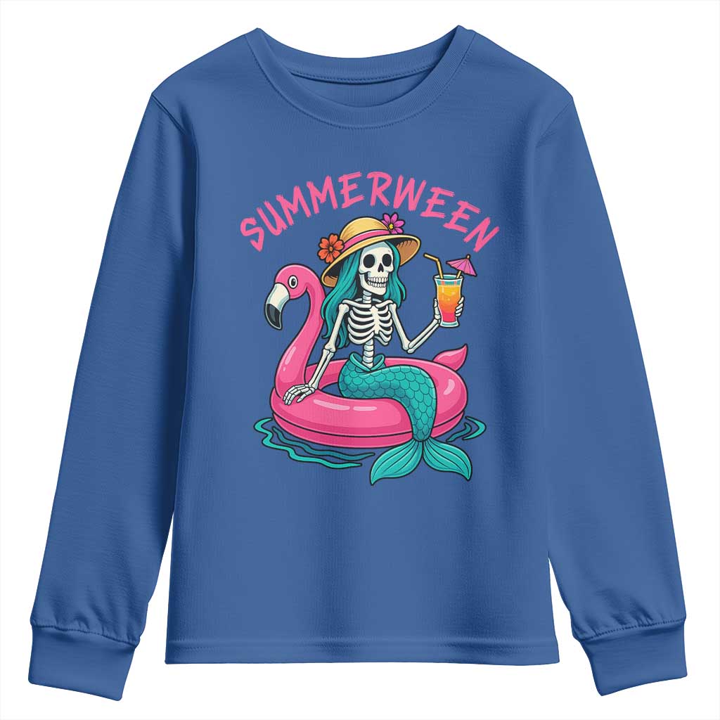 Summerween Skeleton Mermaid Youth Sweatshirt Flamingo Float Funny Spooky Summer Halloween Vibes TS02 Royal Blue Print Your Wear