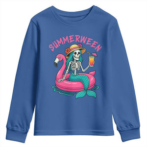 Summerween Skeleton Mermaid Youth Sweatshirt Flamingo Float Funny Spooky Summer Halloween Vibes TS02 Royal Blue Print Your Wear