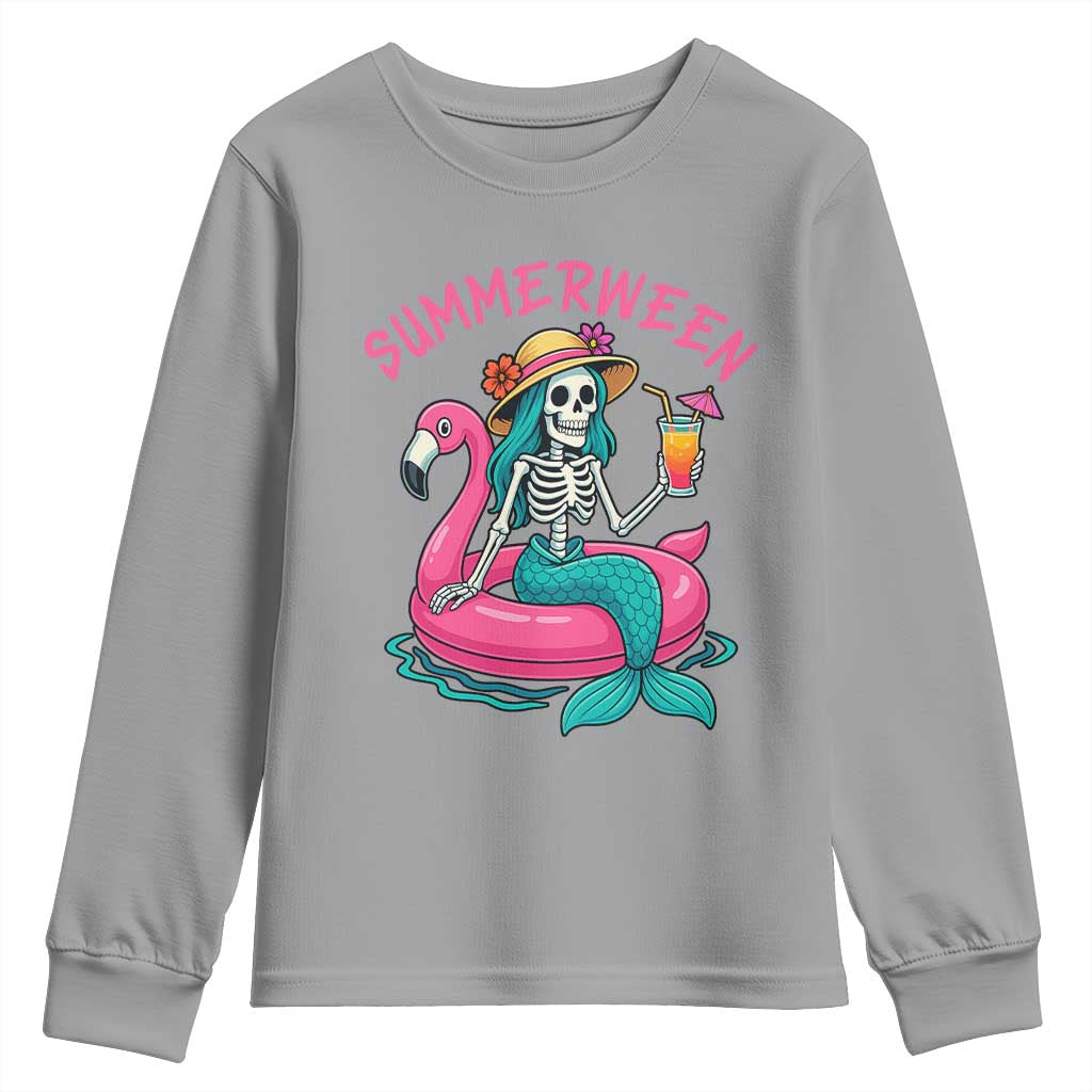 Summerween Skeleton Mermaid Youth Sweatshirt Flamingo Float Funny Spooky Summer Halloween Vibes TS02 Sport Gray Print Your Wear