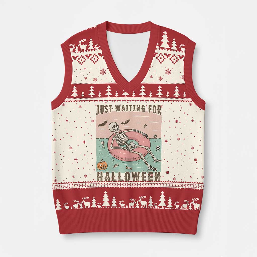 Spooky Summer Skeleton V-Neck Knit Sweater Vest Just Waiting For Halloween Summer Pool Party TS02 Beige Red Print Your Wear