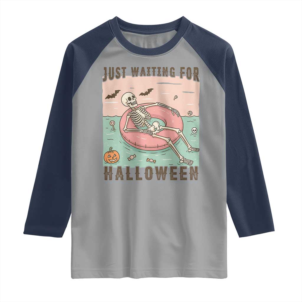 Spooky Summer Skeleton Raglan Shirt Just Waiting For Halloween Summer Pool Party TS02 Sport Gray Navy Print Your Wear
