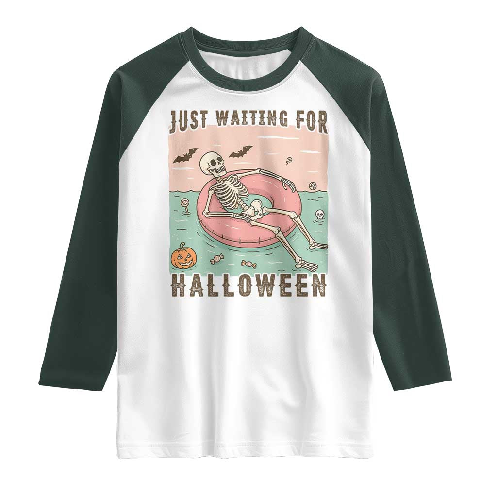 Spooky Summer Skeleton Raglan Shirt Just Waiting For Halloween Summer Pool Party TS02 White Dark Forest Green Print Your Wear