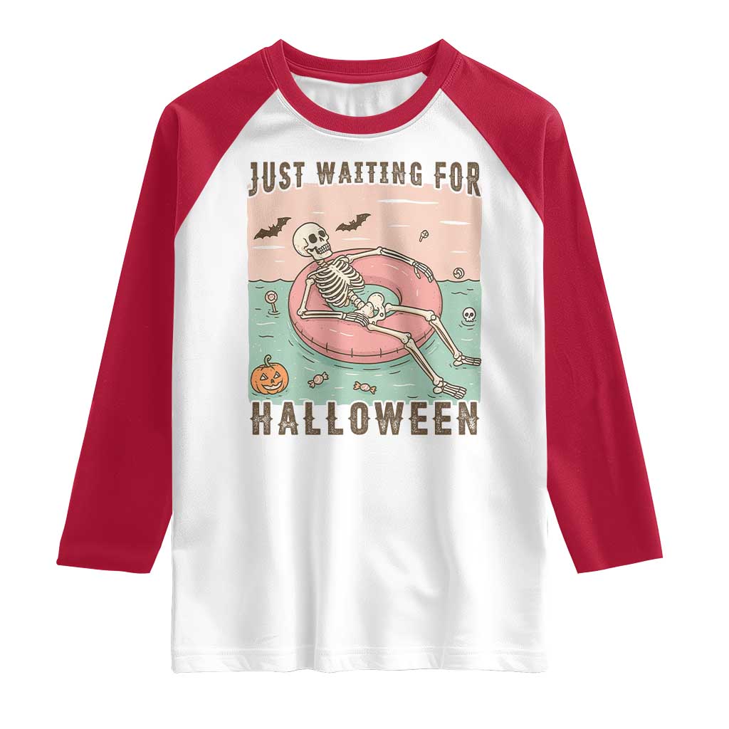 Spooky Summer Skeleton Raglan Shirt Just Waiting For Halloween Summer Pool Party TS02 White Red Print Your Wear