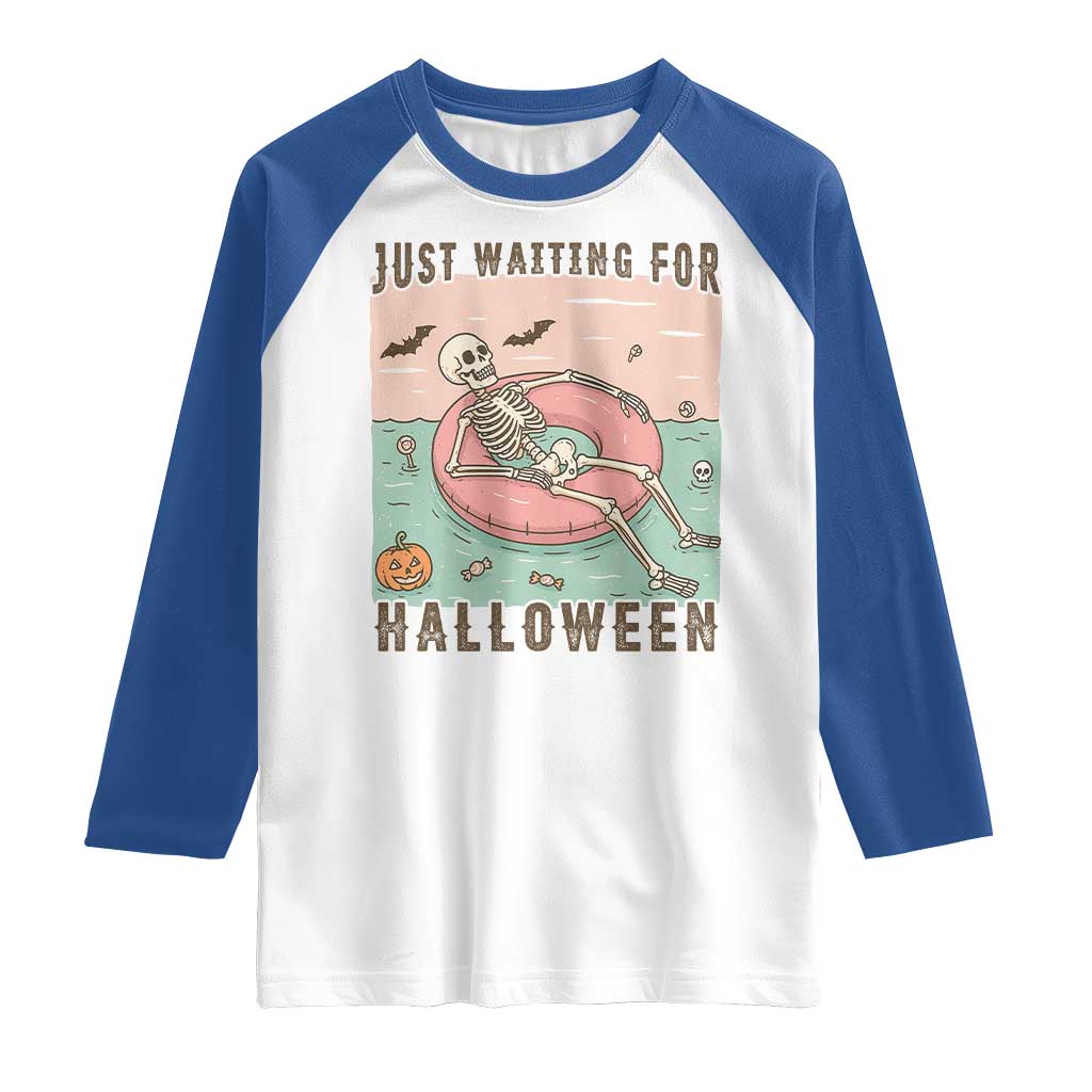Spooky Summer Skeleton Raglan Shirt Just Waiting For Halloween Summer Pool Party TS02 White Royal Print Your Wear