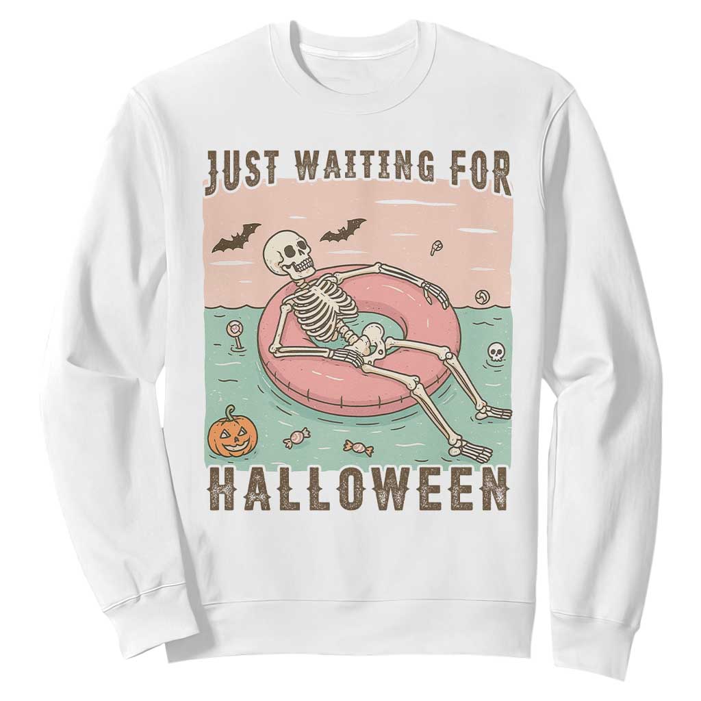 Spooky Summer Skeleton Sweatshirt Just Waiting For Halloween Summer Pool Party TS02 White Print Your Wear