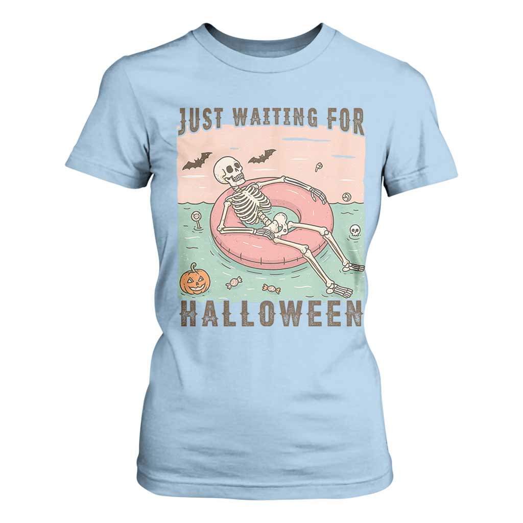 Spooky Summer Skeleton T Shirt For Women Just Waiting For Halloween Summer Pool Party TS02 Light Blue Print Your Wear