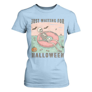 Spooky Summer Skeleton T Shirt For Women Just Waiting For Halloween Summer Pool Party TS02 Light Blue Print Your Wear