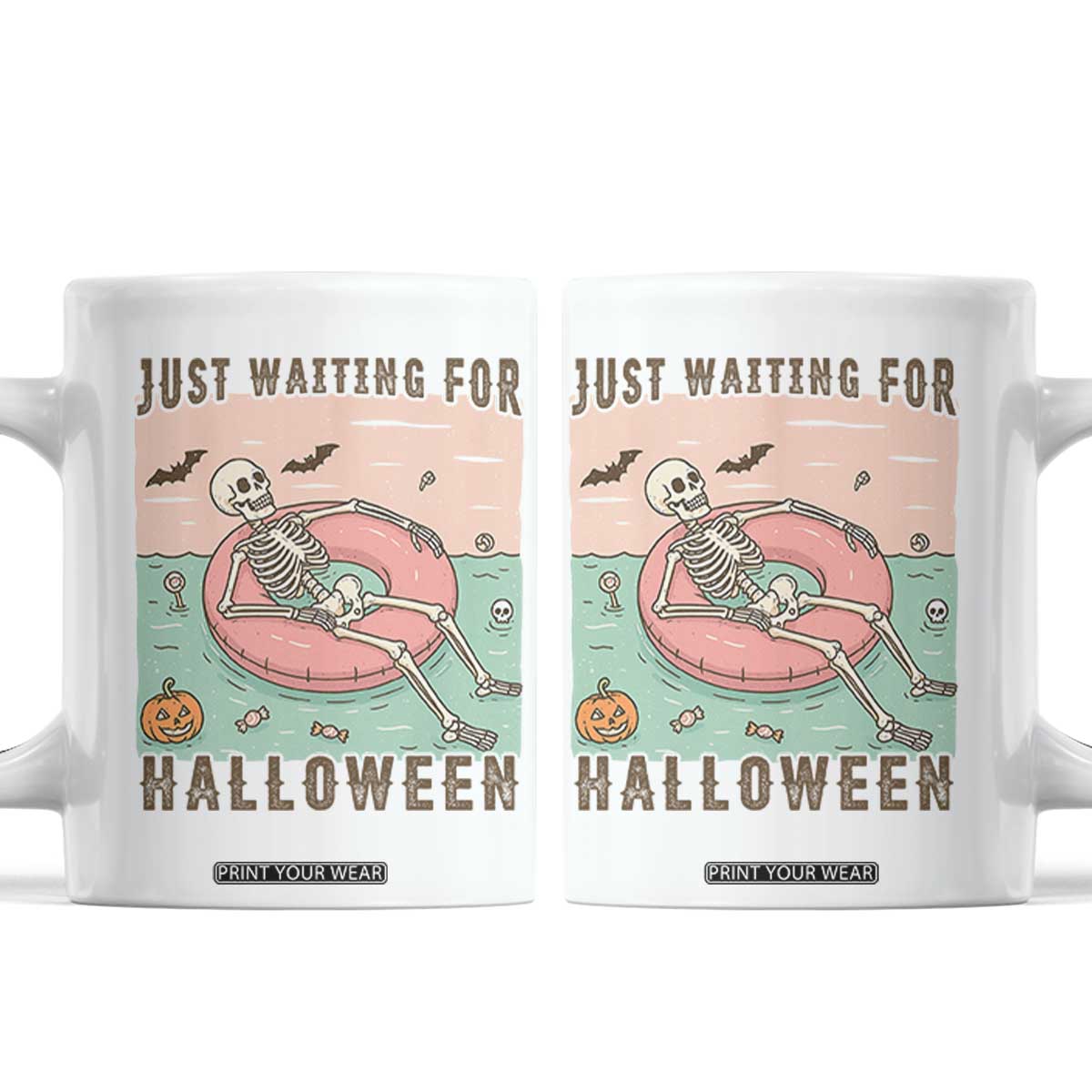 Spooky Summer Skeleton Coffee Mug Just Waiting For Halloween Summer Pool Party TS02 White Print Your Wear