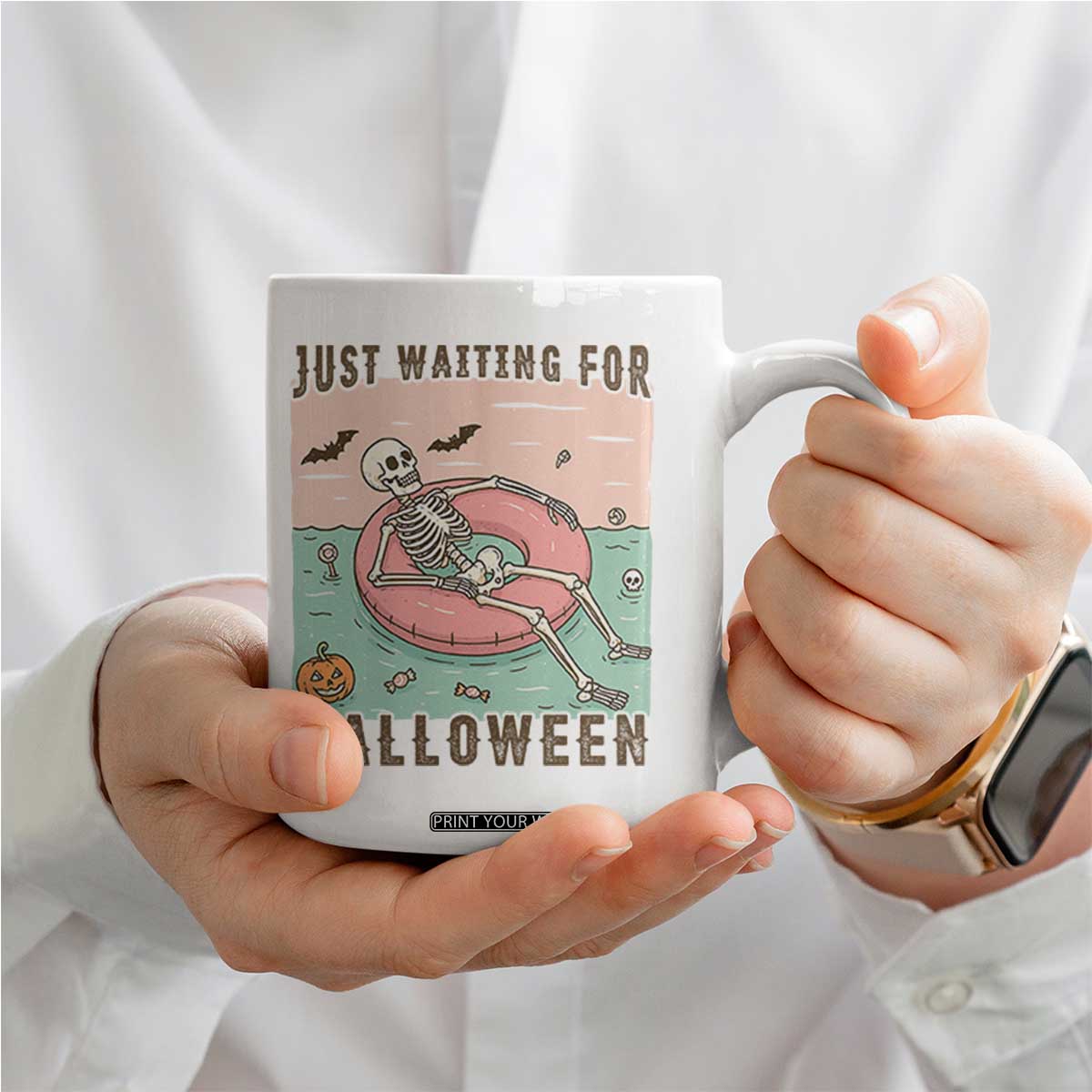 Spooky Summer Skeleton Coffee Mug Just Waiting For Halloween Summer Pool Party TS02 Print Your Wear