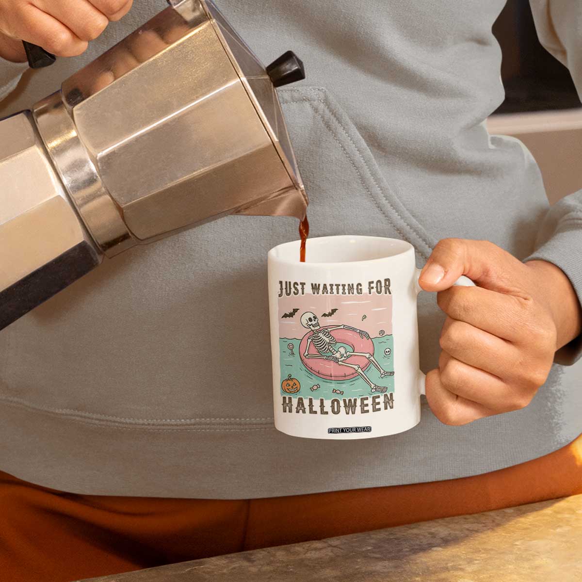 Spooky Summer Skeleton Coffee Mug Just Waiting For Halloween Summer Pool Party TS02 Print Your Wear