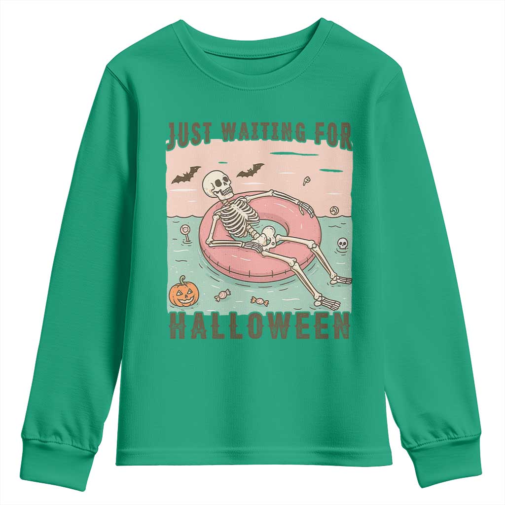 Spooky Summer Skeleton Youth Sweatshirt Just Waiting For Halloween Summer Pool Party TS02 Irish Green Print Your Wear