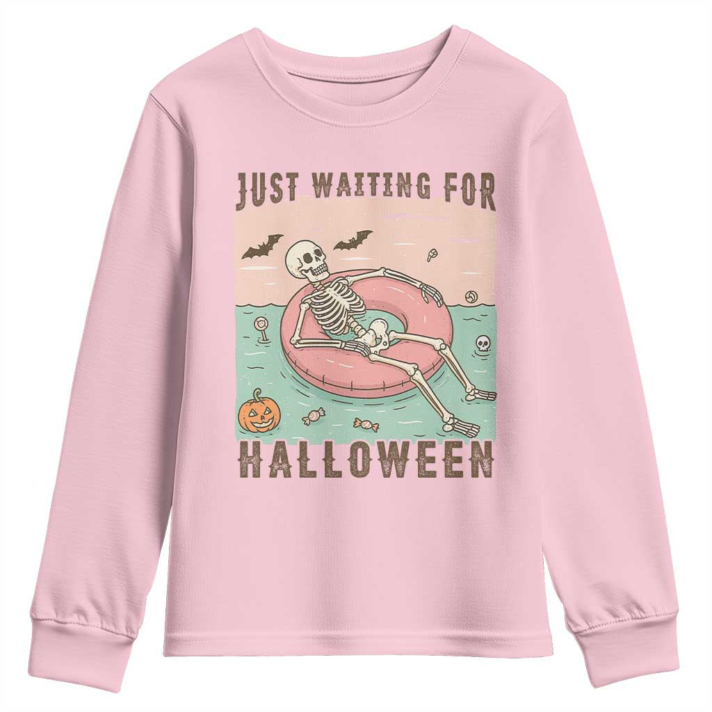 Spooky Summer Skeleton Youth Sweatshirt Just Waiting For Halloween Summer Pool Party TS02 Light Pink Print Your Wear