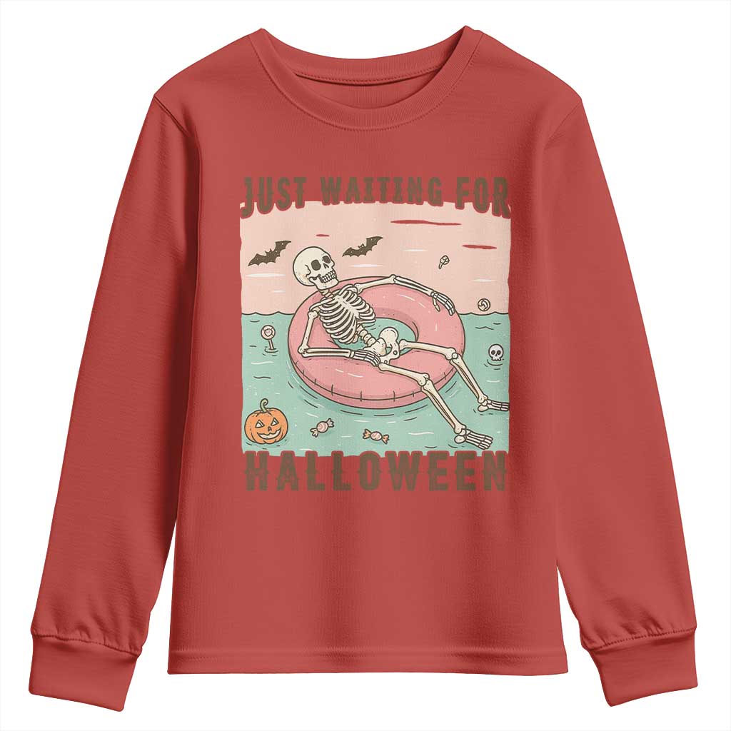 Spooky Summer Skeleton Youth Sweatshirt Just Waiting For Halloween Summer Pool Party TS02 Red Print Your Wear