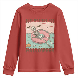 Spooky Summer Skeleton Youth Sweatshirt Just Waiting For Halloween Summer Pool Party TS02 Red Print Your Wear