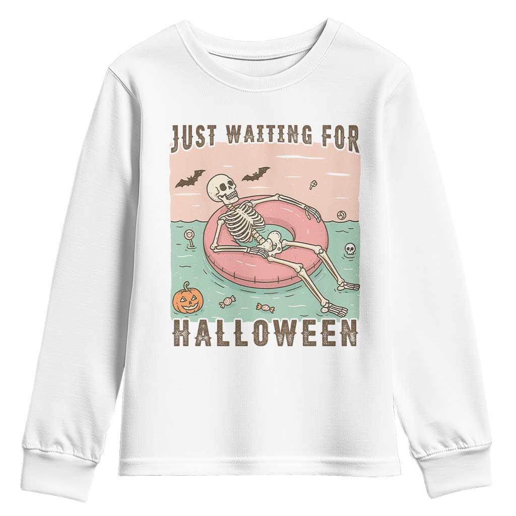 Spooky Summer Skeleton Youth Sweatshirt Just Waiting For Halloween Summer Pool Party TS02 White Print Your Wear