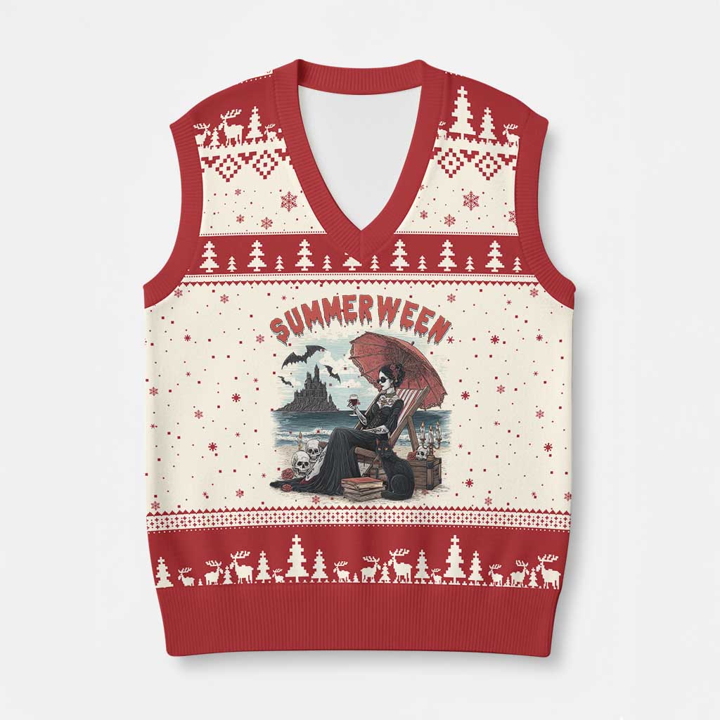 Gothic Summerween V-Neck Knit Sweater Vest Spooky Summer Halloween Horror Character TS02 Beige Red Print Your Wear