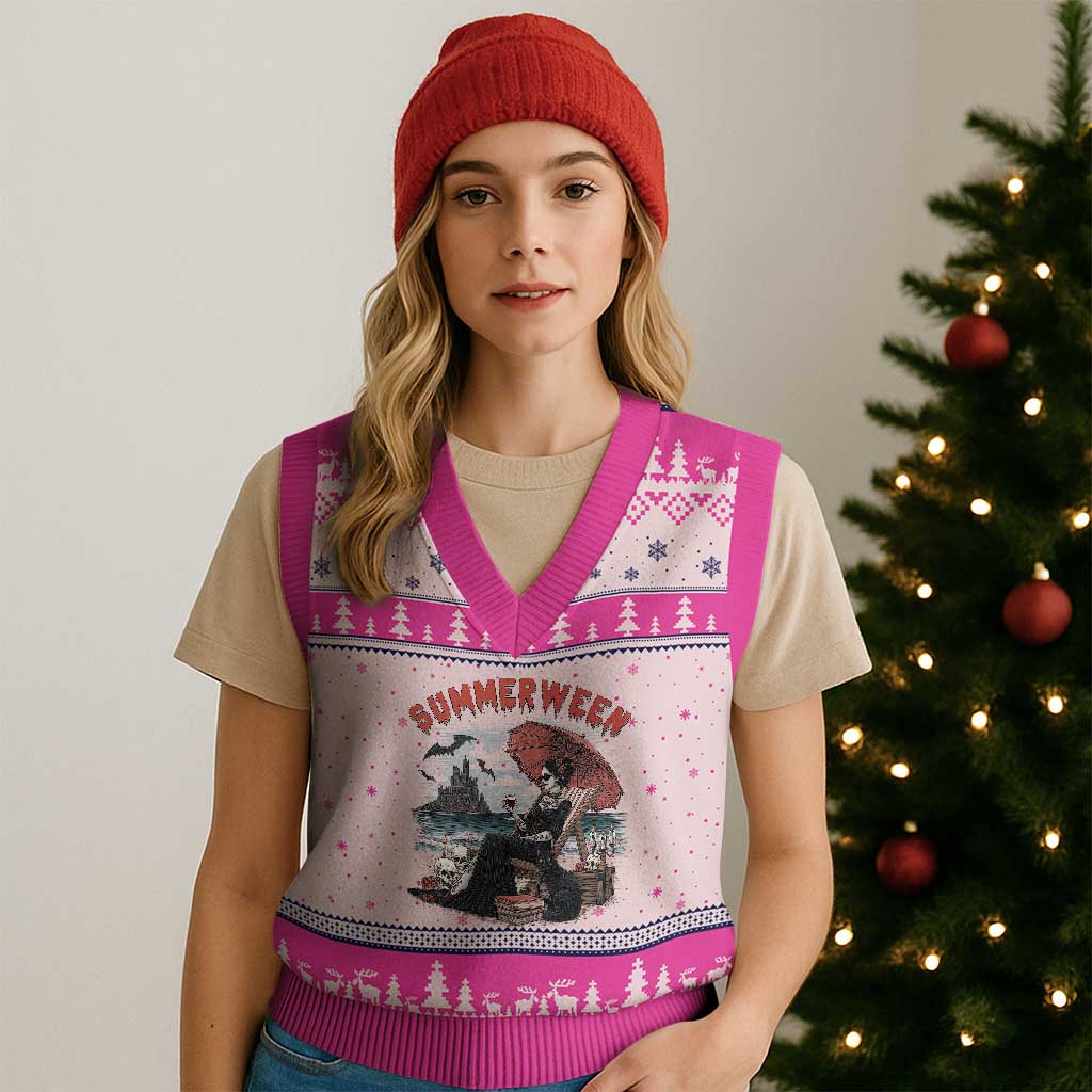 Gothic Summerween V-Neck Knit Sweater Vest Spooky Summer Halloween Horror Character TS02 Hot Pink Print Your Wear