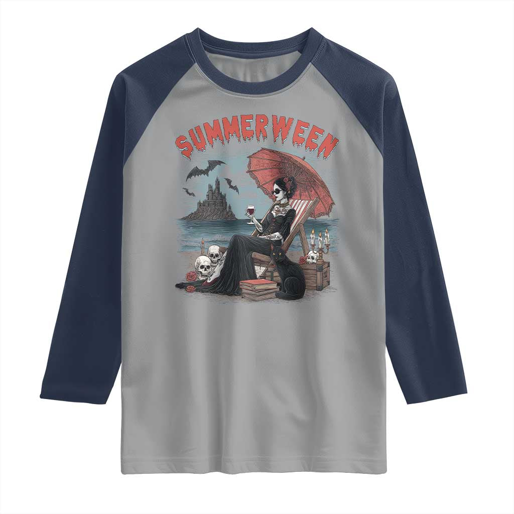 Gothic Summerween Raglan Shirt Spooky Summer Halloween Horror Character TS02 Sport Gray Navy Print Your Wear