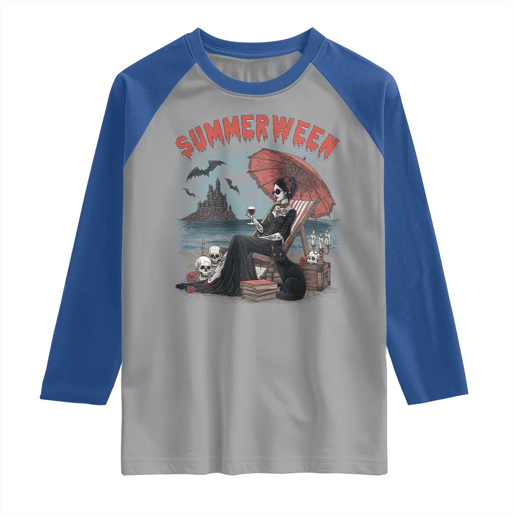 Gothic Summerween Raglan Shirt Spooky Summer Halloween Horror Character TS02 Sport Gray Royal Print Your Wear