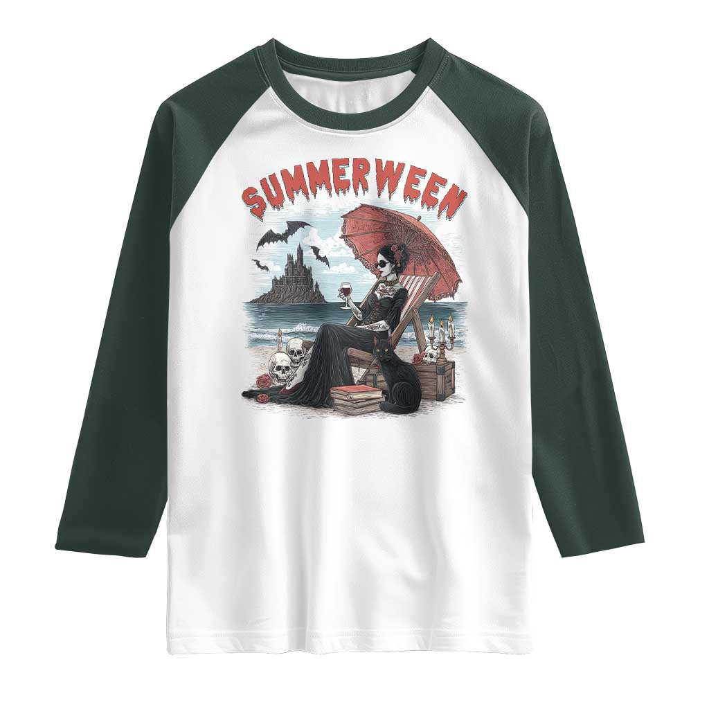 Gothic Summerween Raglan Shirt Spooky Summer Halloween Horror Character TS02 White Dark Forest Green Print Your Wear