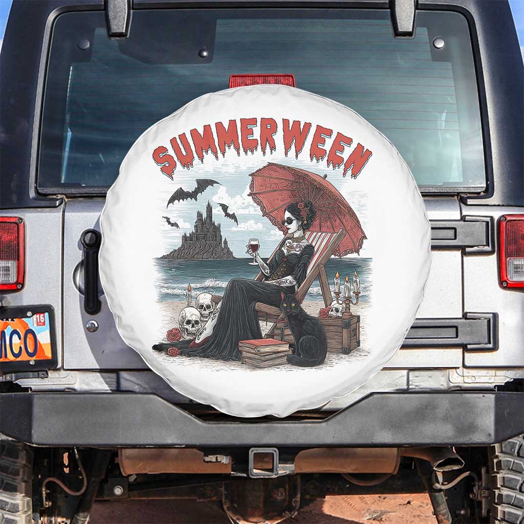 Gothic Summerween Spare Tire Cover Spooky Summer Halloween Horror Character TS02 No hole White Print Your Wear
