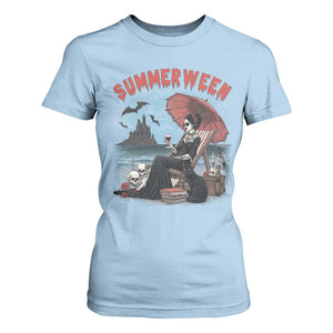 Gothic Summerween T Shirt For Women Spooky Summer Halloween Horror Character TS02 Light Blue Print Your Wear
