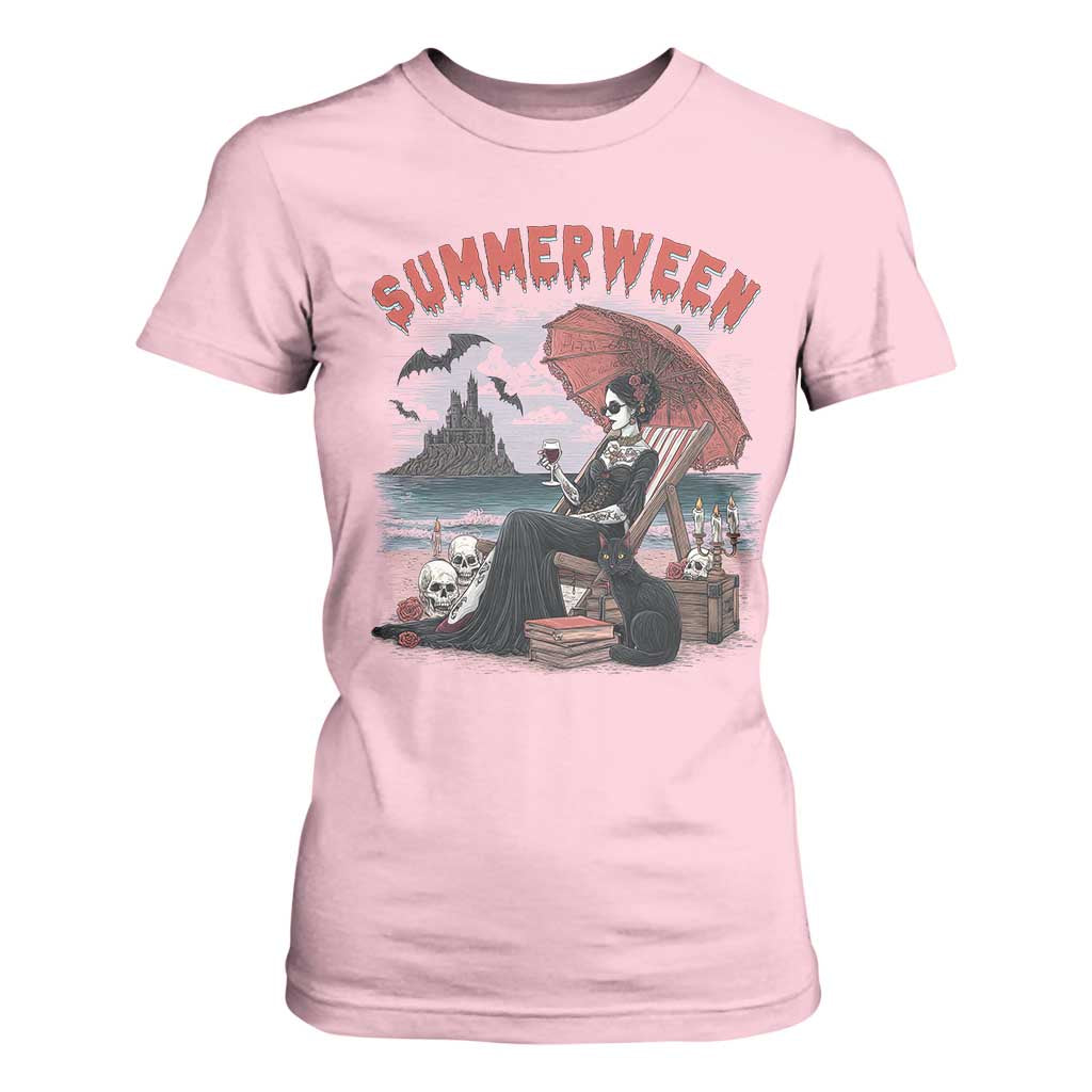 Gothic Summerween T Shirt For Women Spooky Summer Halloween Horror Character TS02 Light Pink Print Your Wear