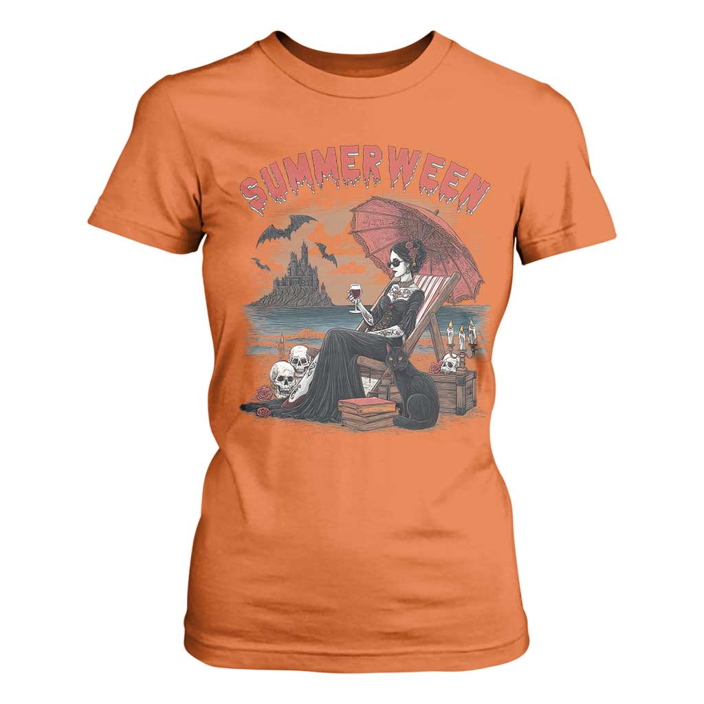 Gothic Summerween T Shirt For Women Spooky Summer Halloween Horror Character TS02 Orange Print Your Wear