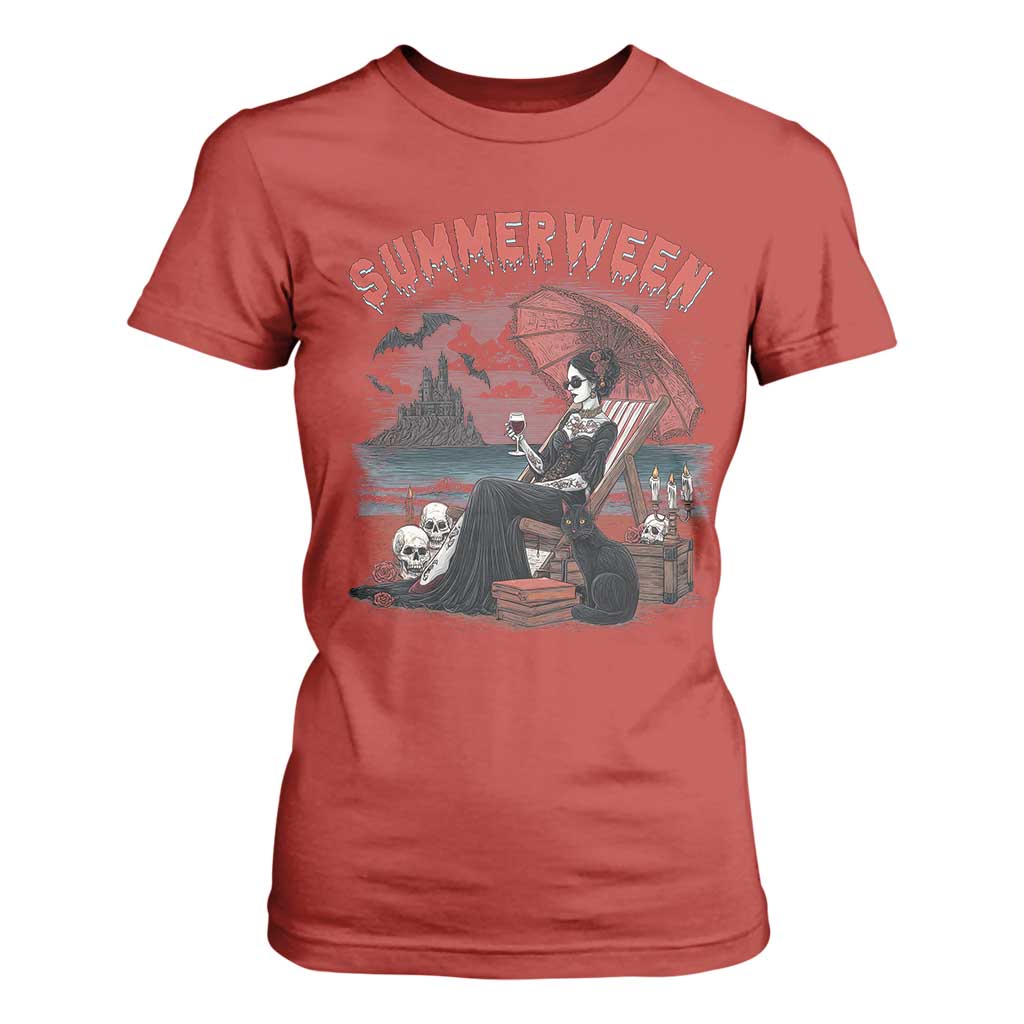 Gothic Summerween T Shirt For Women Spooky Summer Halloween Horror Character TS02 Red Print Your Wear