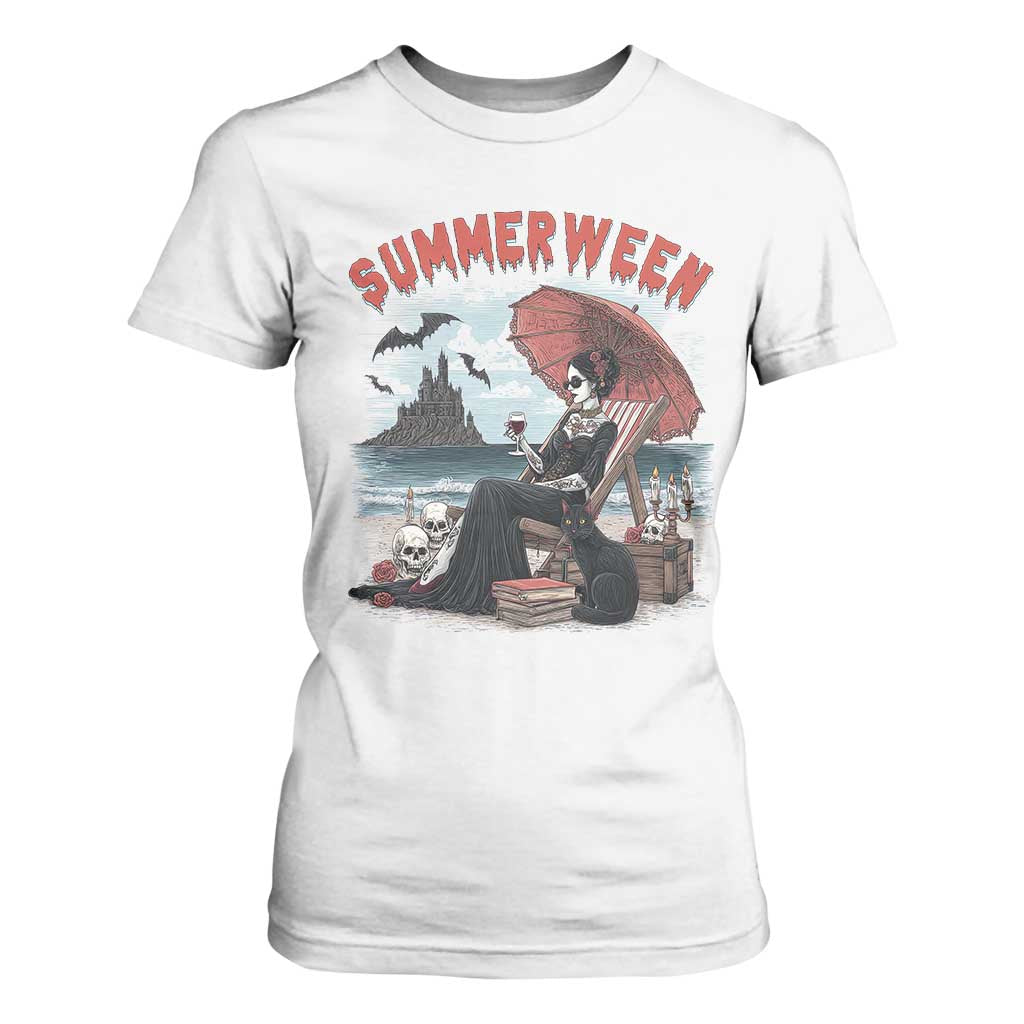 Gothic Summerween T Shirt For Women Spooky Summer Halloween Horror Character TS02 White Print Your Wear
