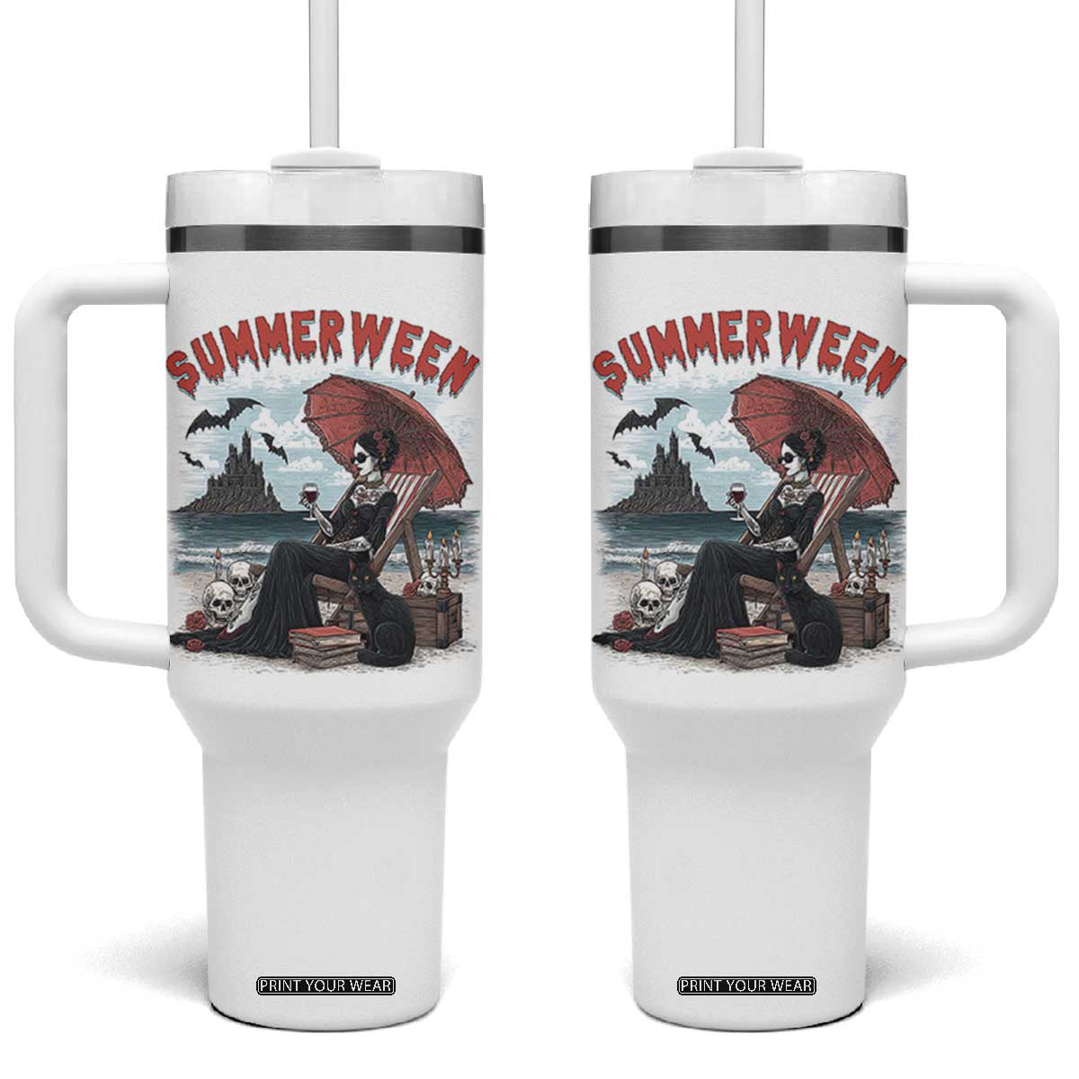 Gothic Summerween Tumbler With Handle Spooky Summer Halloween Horror Character TS02 One Size: 40 oz White Print Your Wear
