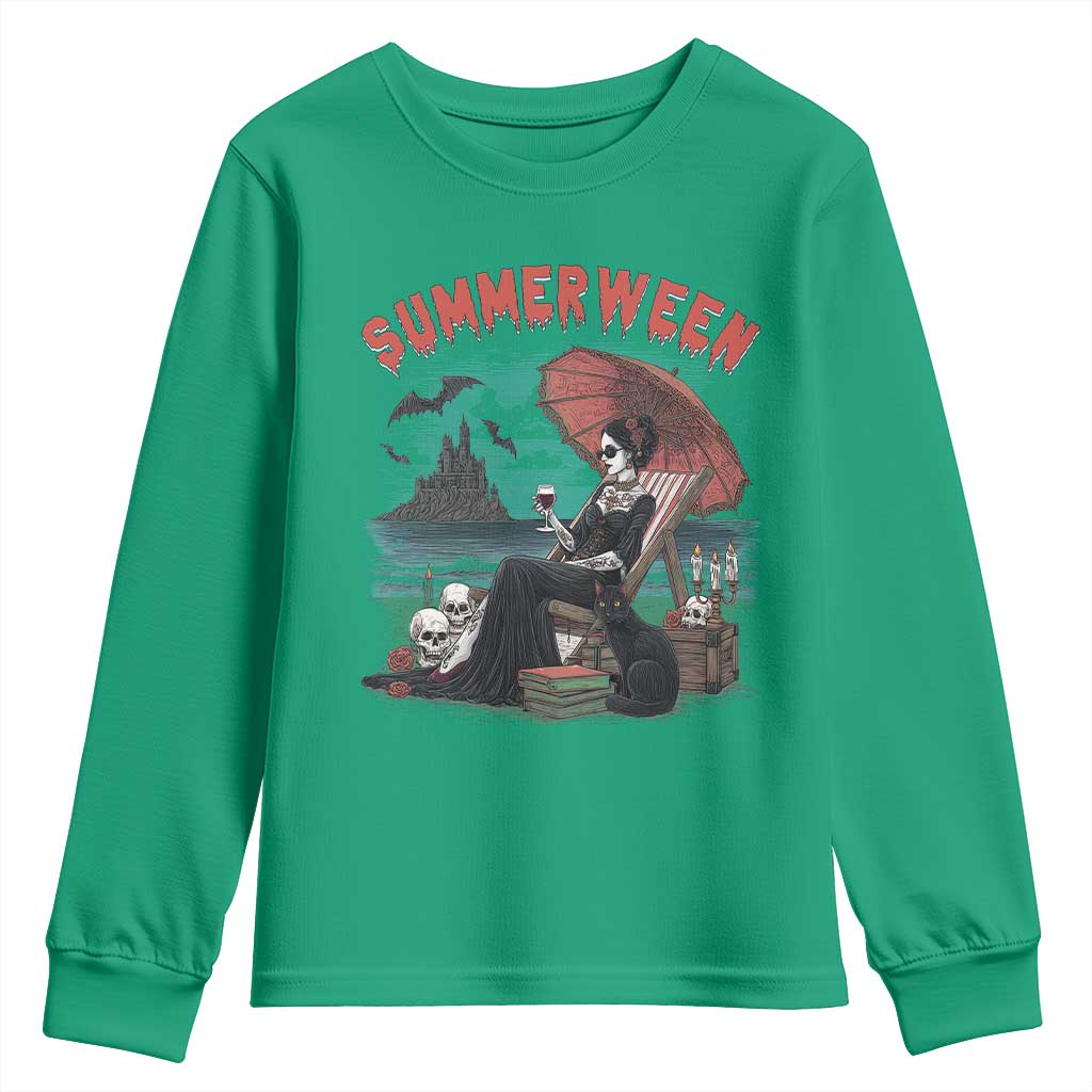 Gothic Summerween Youth Sweatshirt Spooky Summer Halloween Horror Character TS02 Irish Green Print Your Wear