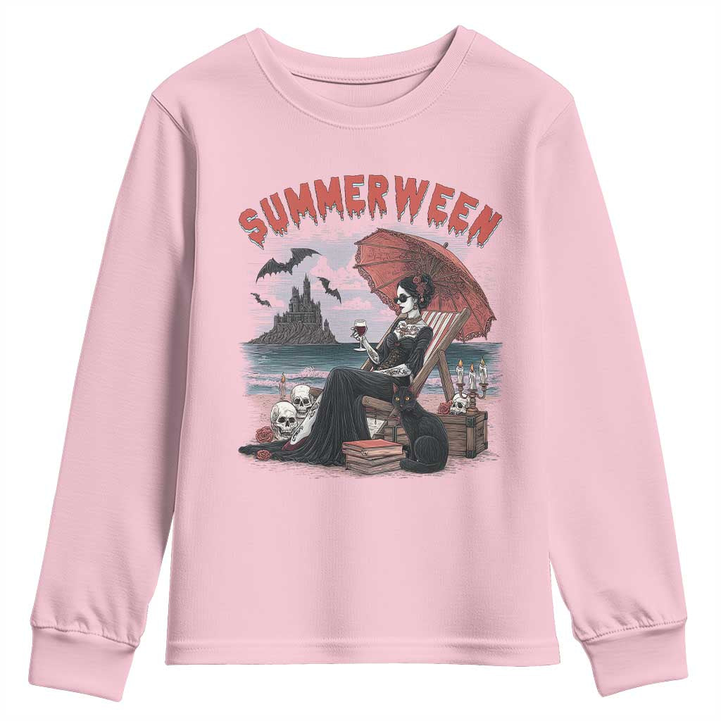 Gothic Summerween Youth Sweatshirt Spooky Summer Halloween Horror Character TS02 Light Pink Print Your Wear