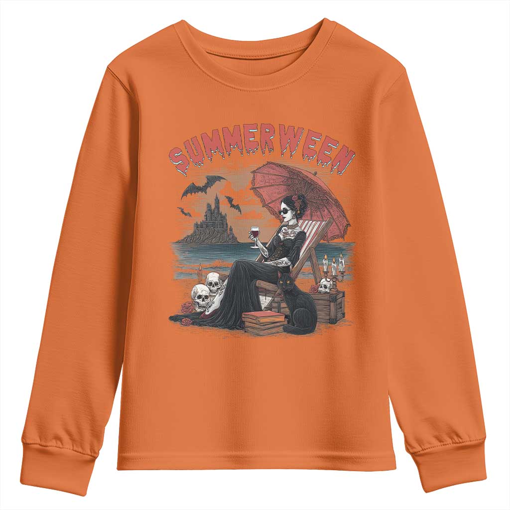Gothic Summerween Youth Sweatshirt Spooky Summer Halloween Horror Character TS02 Orange Print Your Wear
