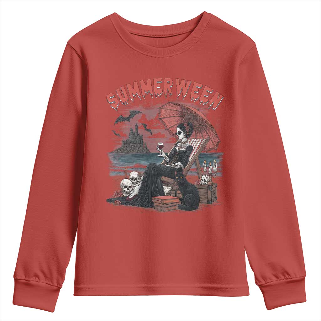 Gothic Summerween Youth Sweatshirt Spooky Summer Halloween Horror Character TS02 Red Print Your Wear