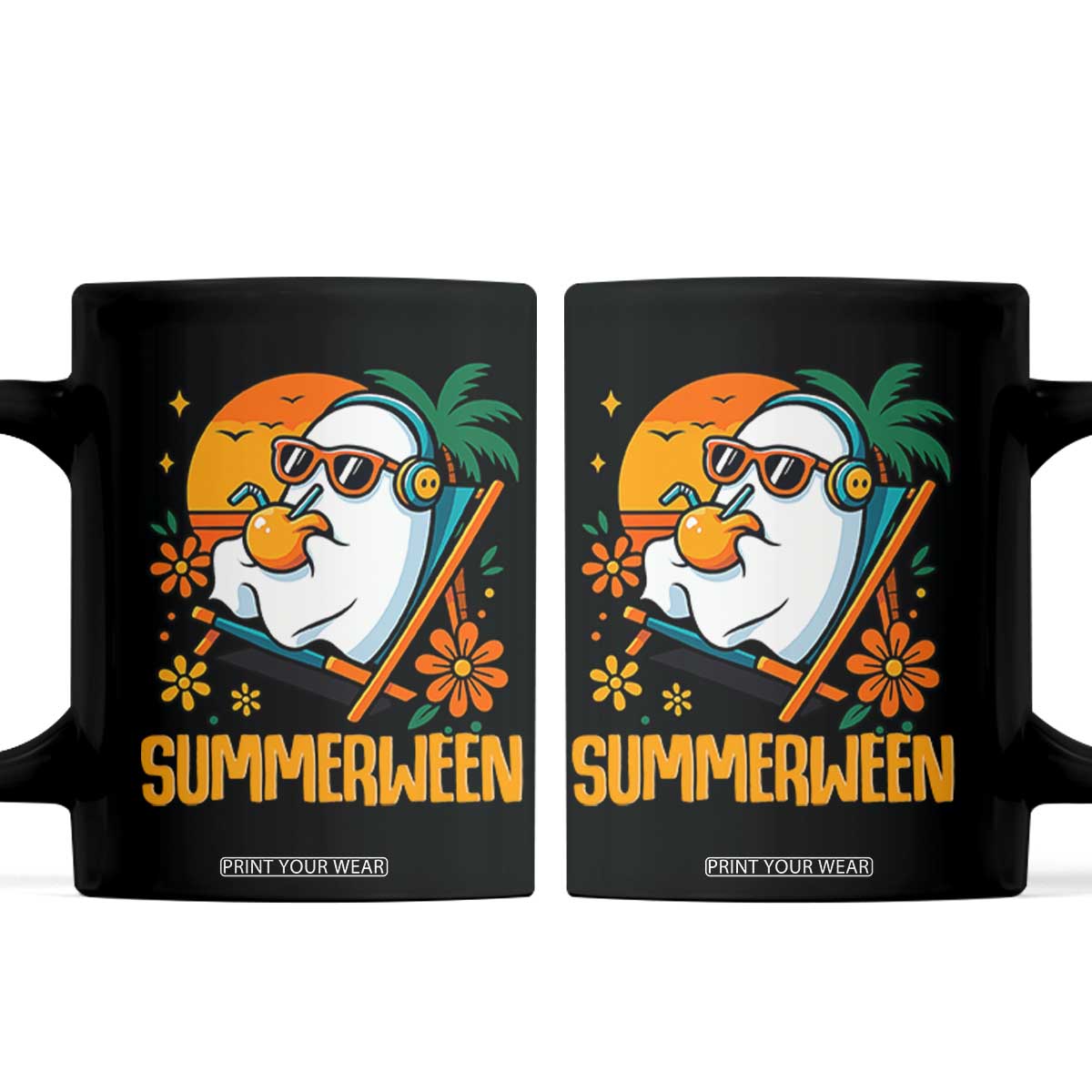 Tropical Summerween Boo Sheet Coffee Mug Funny Ghost Halloween Summer Beach Vibes TS02 Black Print Your Wear