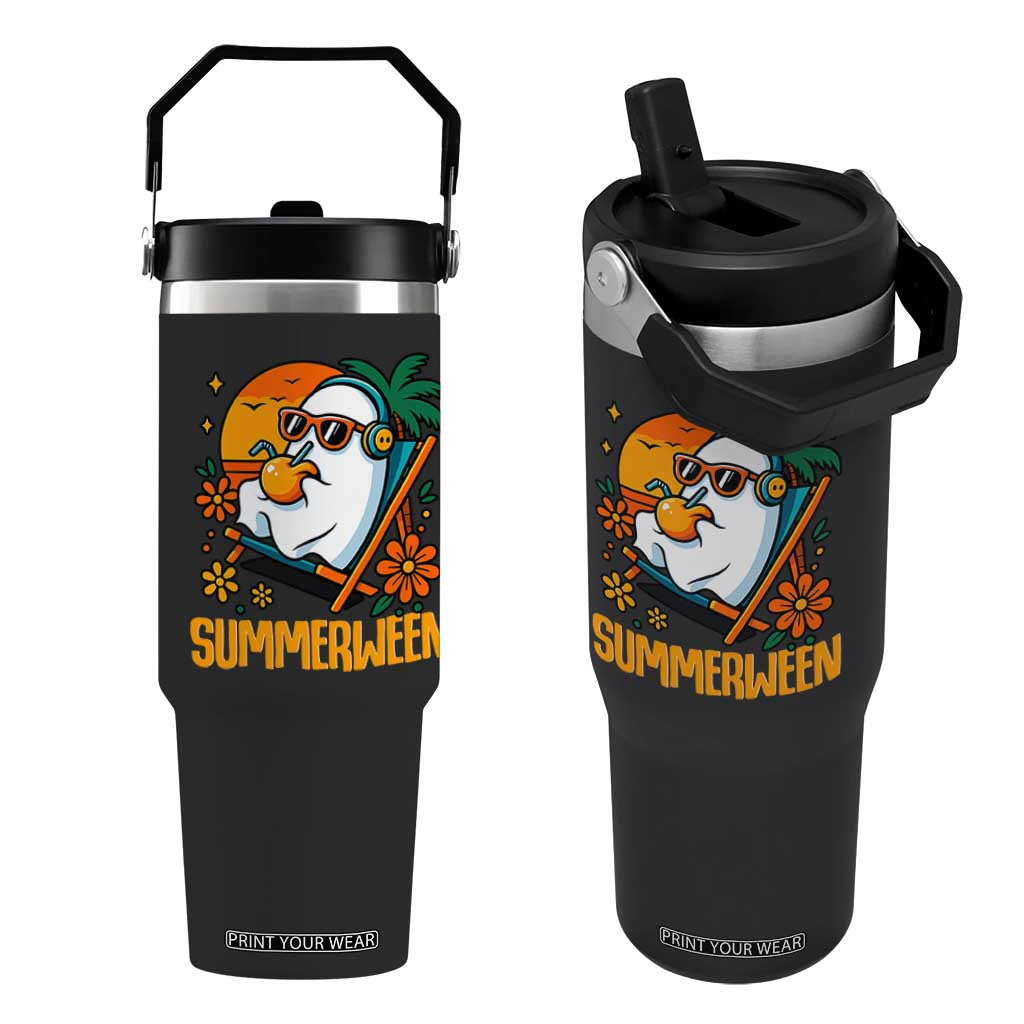 Tropical Summerween Boo Sheet Flip Straw Tumbler Funny Ghost Halloween Summer Beach Vibes TS02 One Size: 30 oz Black Print Your Wear