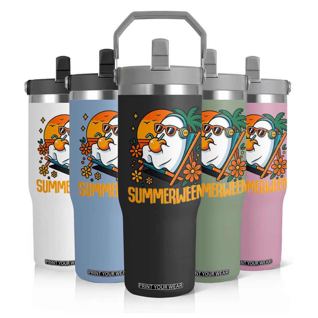 Tropical Summerween Boo Sheet Flip Straw Tumbler Funny Ghost Halloween Summer Beach Vibes TS02 Print Your Wear