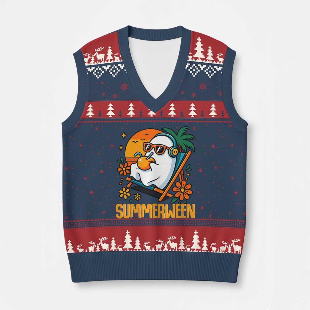 Tropical Summerween Boo Sheet V-Neck Knit Sweater Vest Funny Ghost Halloween Summer Beach Vibes TS02 Navy Red Print Your Wear