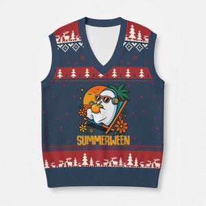 Tropical Summerween Boo Sheet V-Neck Knit Sweater Vest Funny Ghost Halloween Summer Beach Vibes TS02 Navy Red Print Your Wear
