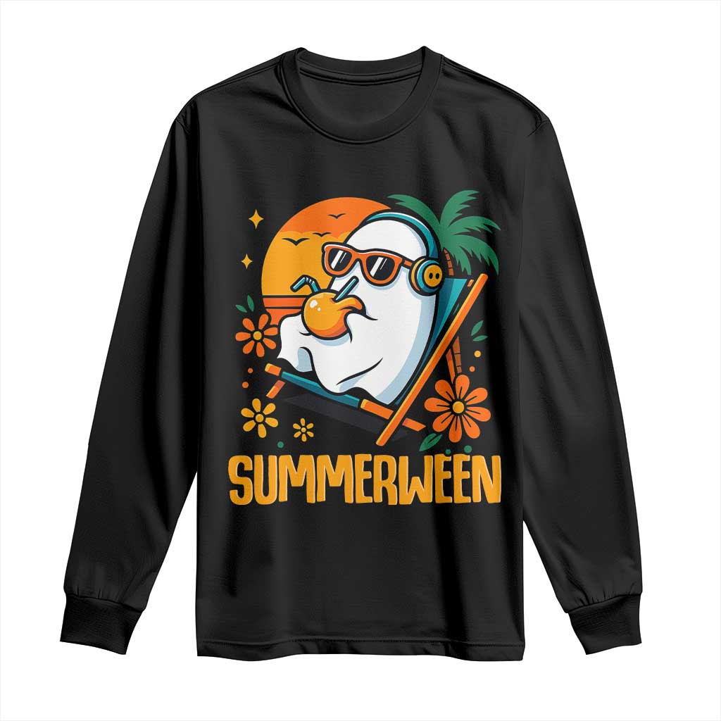 Tropical Summerween Boo Sheet Long Sleeve Shirt Funny Ghost Halloween Summer Beach Vibes TS02 Black Print Your Wear