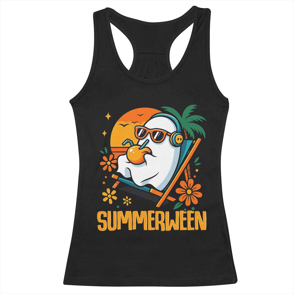 Tropical Summerween Boo Sheet Racerback Tank Top Funny Ghost Halloween Summer Beach Vibes TS02 Black Print Your Wear